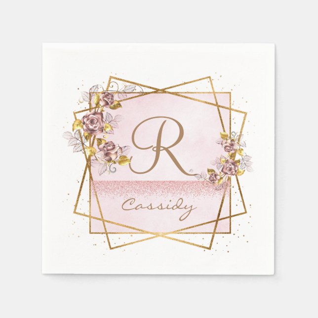 Elegante Rose Gold Glitzer Rose Monogram Serviette (Vorderseite)