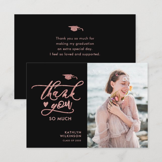 Elegante Rose Gold Glitzer Script Foto Abschluss Dankeskarte (Vorne/Hinten)