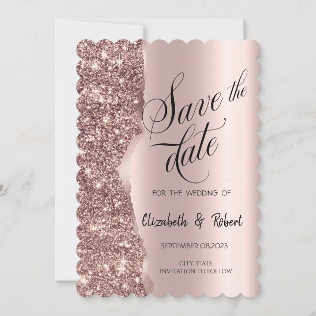 Elegante Rose Gold Glitzer Script Save the Date (Vorderseite)