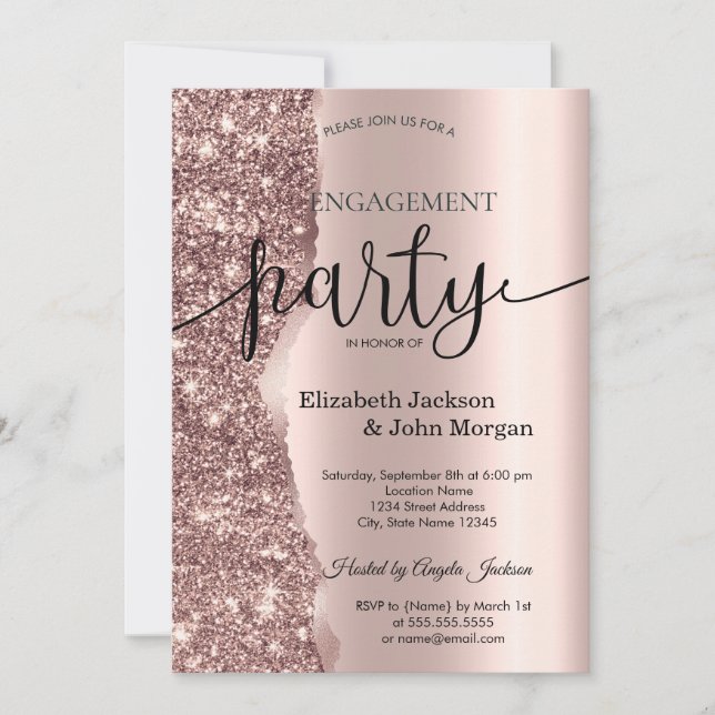 Elegante Rose Gold Glitzer Script Verlobung Einladung (Vorderseite)
