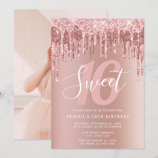 Elegante Rose Gold Glitzer Tropfen 16 . Geburtstag Einladung (Vorne/Hinten)