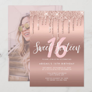 Elegante Rose Gold Glitzer Tropfen 16 . Geburtstag Einladung