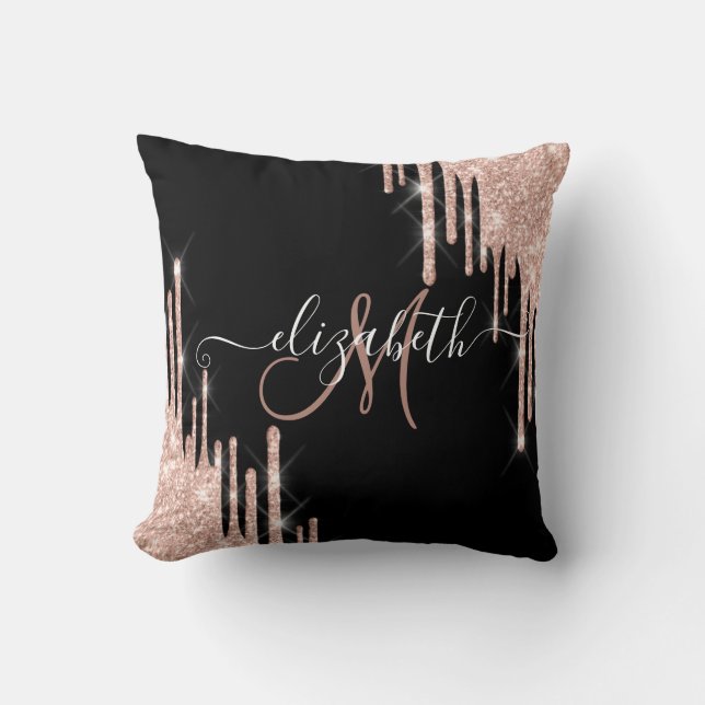 Elegante Rose Gold Glitzer Tropfen Black Monogram Kissen (Vorderseite)