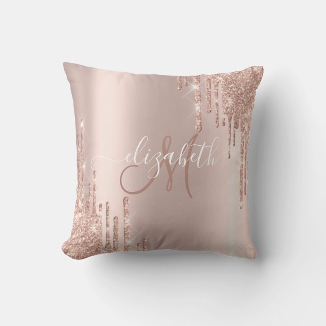 Elegante Rose Gold Glitzer Tropfen fallen Monogram Kissen (Vorderseite)