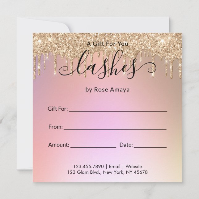 Elegante Rose Gold Glitzer Tropfen Geschenkgutsche (Vorderseite)