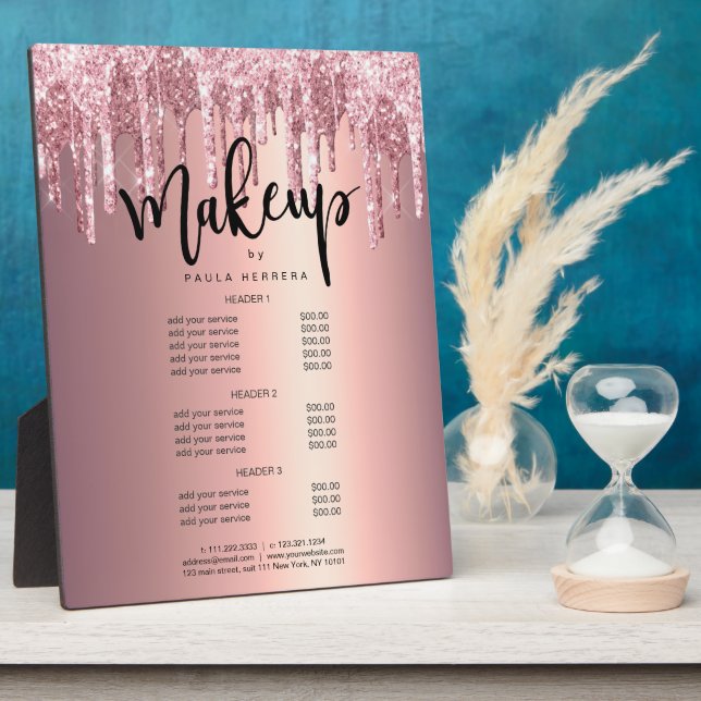 Elegante Rose Gold Glitzer Tropfen Makeup Services Fotoplatte (Seite)