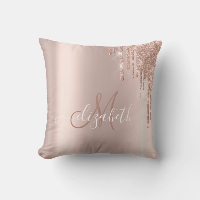 Elegante Rose Gold Glitzer Tropfen Monogram Kissen (Vorderseite)