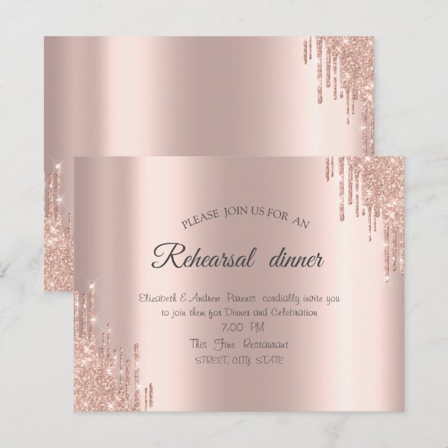 Elegante Rose Gold Glitzer Tropfen Probe Abendesse Einladung (Vorne/Hinten)