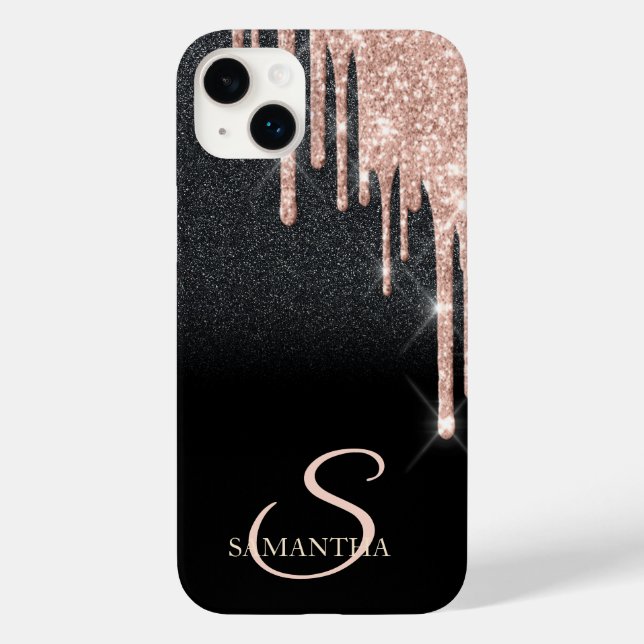 Elegante Rose Gold Glitzer Tropfen Schwarzer Glitz Case-Mate iPhone 14 Plus Hülle (Rückseite)