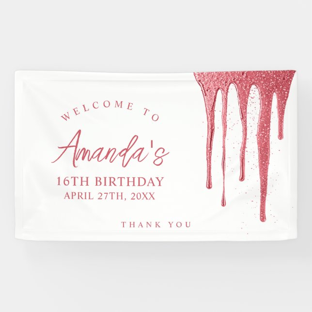 Elegante Rose Gold Glitzer Tropfen Sweet 16 Geburt Banner (Horizontal)