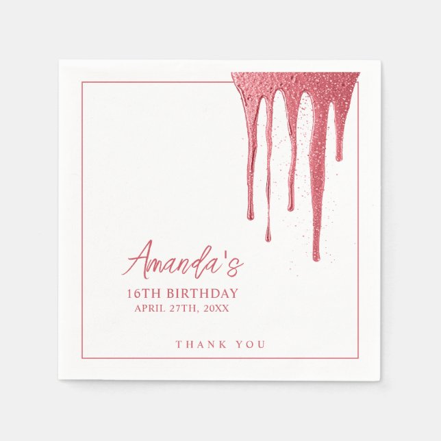 Elegante Rose Gold Glitzer Tropfen Sweet 16 Geburt Serviette (Vorderseite)
