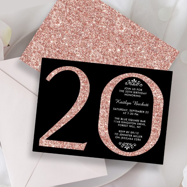 Elegante Rose Gold Glitzer Typografie 20. Geburtst Einladung (Von Creator hochgeladen)