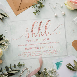 Elegante Rose Gold Glitzer Überraschung Geburtstag Acryleinladungen