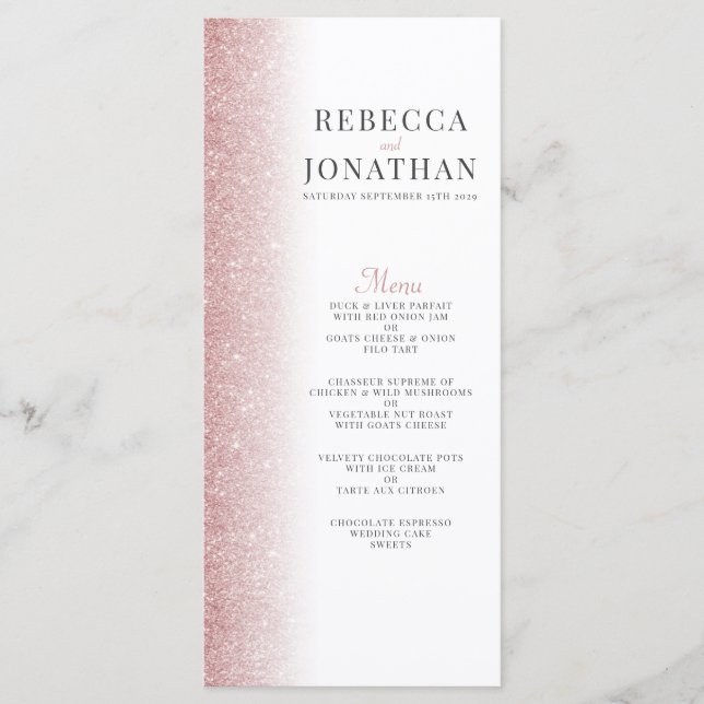 Elegante Rose Gold Glitzer Wedding Menu Card (Vorderseite)