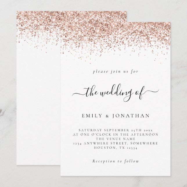 Elegante Rose Gold Glitzer Wedding White Einladung (Vorne/Hinten)