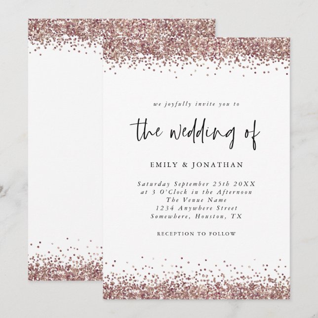 Elegante Rose Gold Glitzer Wedding White Einladung (Vorne/Hinten)