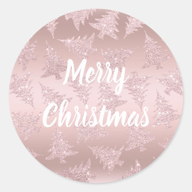 Elegante Rose Gold Glitzer Weihnachtsbaum Muster Runder Aufkleber (Vorderseite)