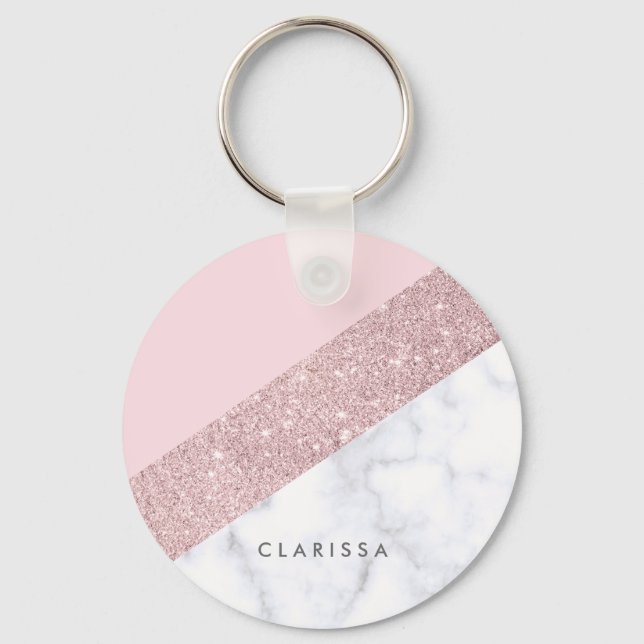 elegante Rose Gold Glitzer weiß Marmor Rosa Schlüsselanhänger (Vorderseite)