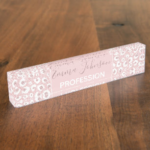 Elegante Rose Gold Glitzer White Leopard Print Namensplakette