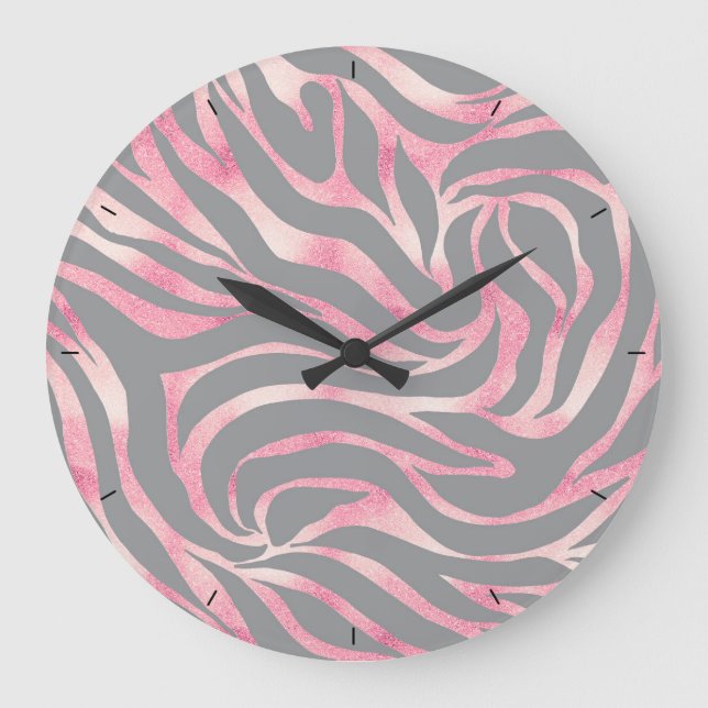 Elegante Rose Gold Glitzer Zebra Gray Animal Print Große Wanduhr (Vorderseite)