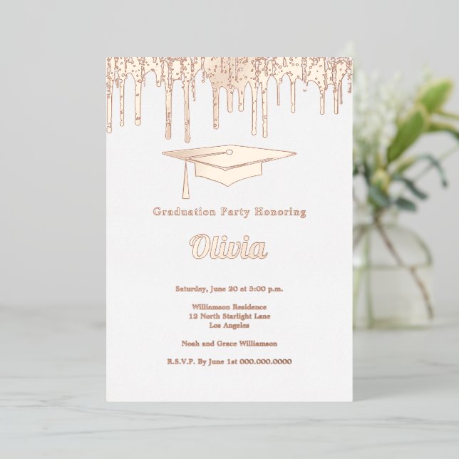 Elegante Rose Gold Graduation Party Folieneinladung (Stehend vorne)