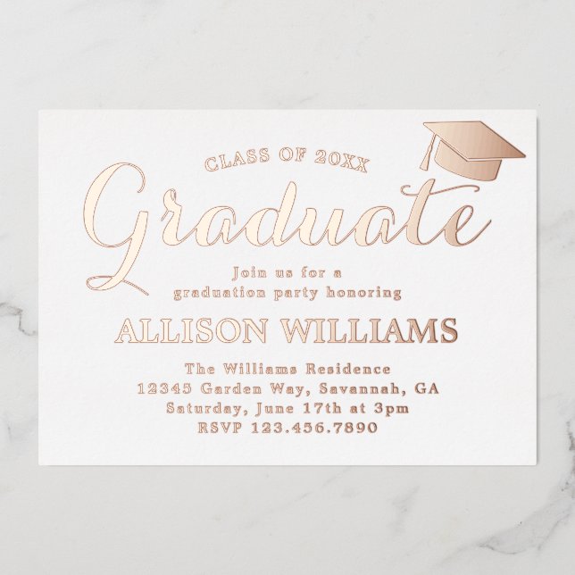 Elegante Rose Gold Graduation Party Folieneinladung (Vorderseite)