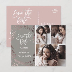 Elegante Rose Gold Graues 3 Foto Save the Date Ankündigungspostkarte