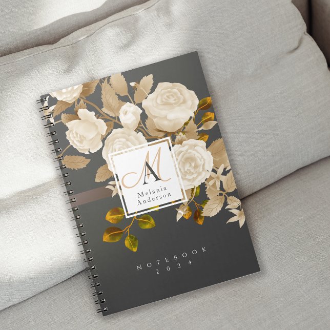 Elegante Rose Gold Gray Monogram Notizblock (Romantic Elegant Rose Monogram Notebook.)