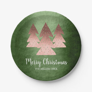 Elegante Rose Gold & Grün Frohe Weihnachtsbaum Pappteller