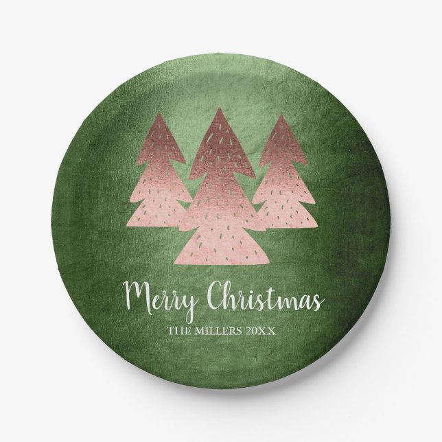 Elegante Rose Gold & Grün Frohe Weihnachtsbaum Pappteller (Vorderseite)