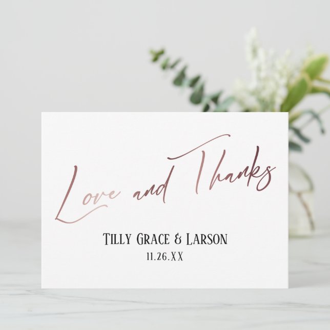 Elegante Rose Gold Handwriting Liebe und Dank Dankeskarte (Stehend Vorderseite)