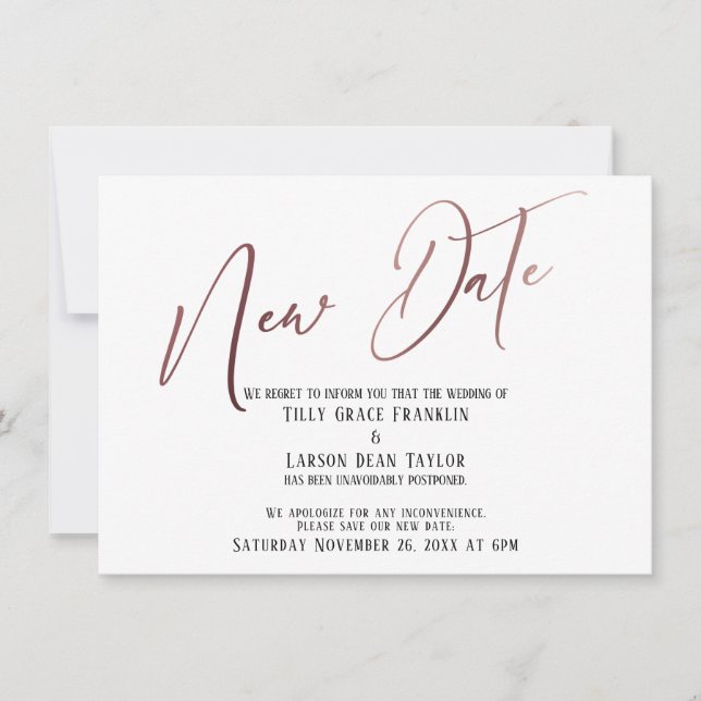 Elegante Rose Gold Handwriting Neue Datumskarte Einladung (Vorderseite)