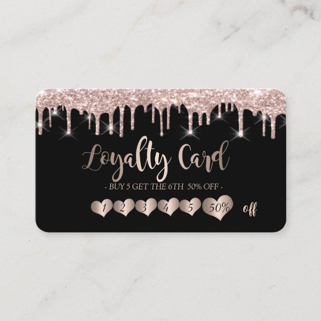 Elegante Rose Gold Hearts Glitzer Tropfen Treuekarte (Vorderseite)