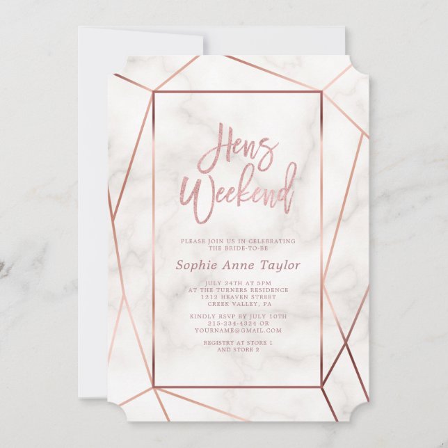 Elegante Rose Gold Hens Weekend Junggeselinnen-Abs Einladung (Vorderseite)