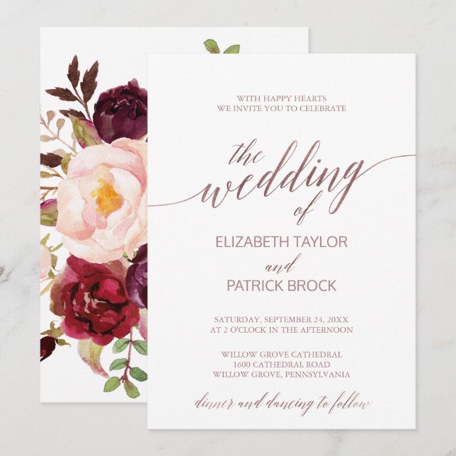 Elegante Rose Gold | Hochzeit mit floraler Unterst Einladung (Vorne/Hinten)