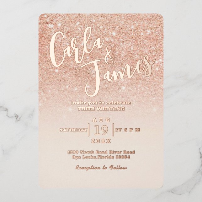 Elegante Rose Gold Imitate Glitzer chic Wedding Folieneinladung (Vorderseite)