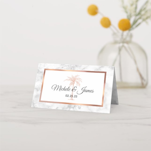 Elegante Rose Gold Kupfer Palmen Tree Marmorhochze Platzkarte (Vorderseite)