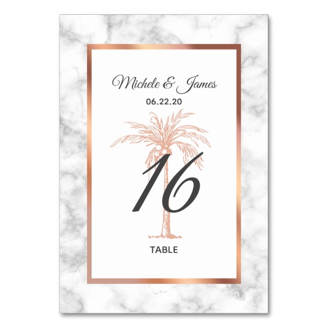 Elegante Rose Gold Kupfer Palmen Tree Marmorhochze Tischnummer (Vorderseite)