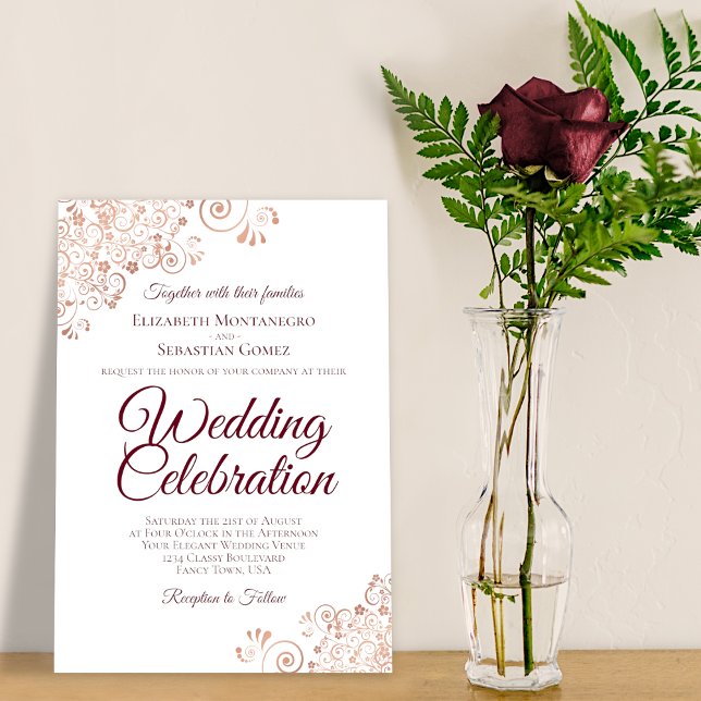 Elegante Rose Gold Lace mit Burgundy Text Wedding Einladung (Von Creator hochgeladen)