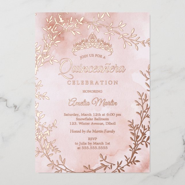 Elegante Rose Gold Leaf Wreath Quinceanera Folieneinladung (Vorderseite)