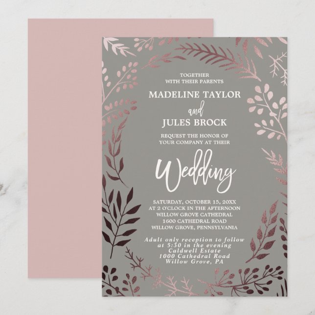 Elegante Rose Gold Leafy Rahmen Hochzeit & Empfang Einladung (Vorne/Hinten)