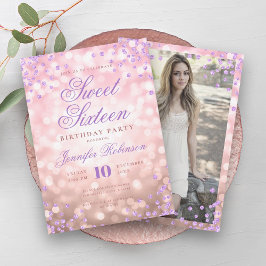 Elegante Rose Gold Lights Lila Foto Sweet 16 Einladung