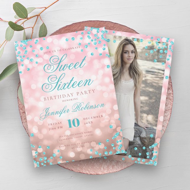 Elegante Rose Gold Lights Türkis Sweet 16 Einladung (Elegant Rose Gold Lights Turquoise Sweet 16 Invitation)