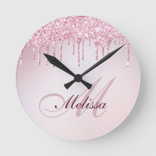 elegante Rose Gold lila Glitzer Tropfen-Trend Runde Wanduhr