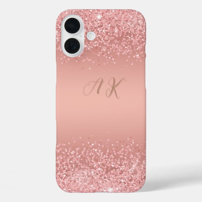 Elegante Rose Gold Luxe Schimmer Monogramm  iPhone 16 Plus Hülle (Rückseite)