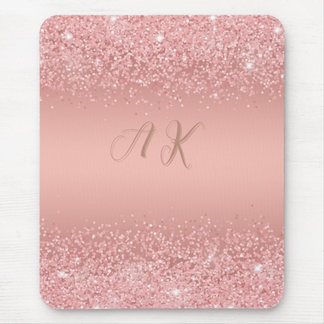 Elegante Rose Gold Luxe Shimmer Monogramm Mousepad (Vorne)