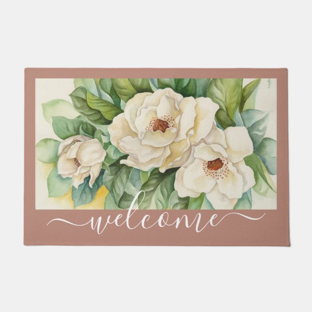 Elegante Rose Gold Magnolia Floral Begrüßungsschre Fußmatte (Vorderseite)