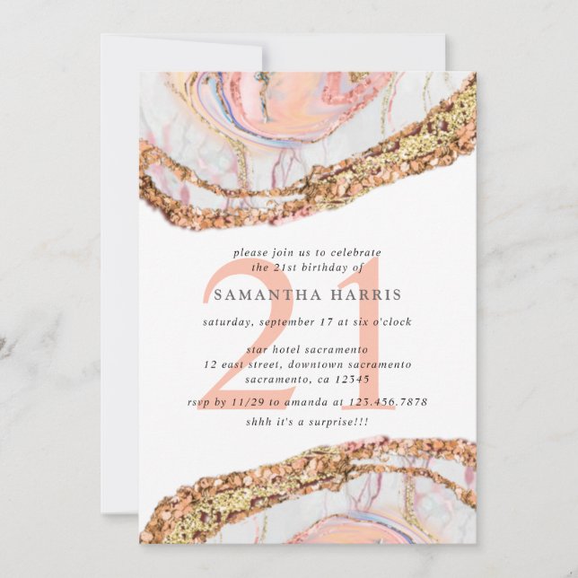 Elegante Rose Gold Marble 21. Geburtstag Party Einladung (Vorderseite)
