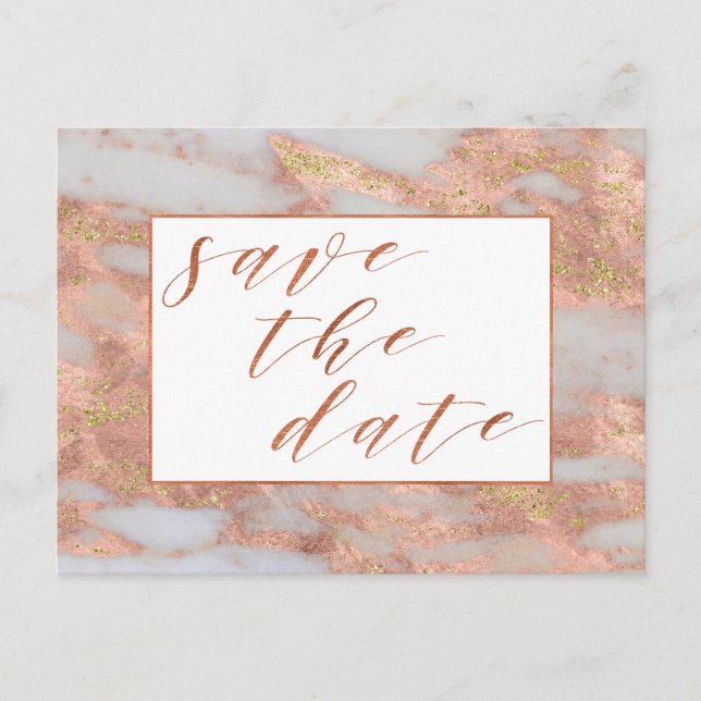Elegante Rose Gold Marble Script Save the Date Ankündigungspostkarte (Vorderseite)