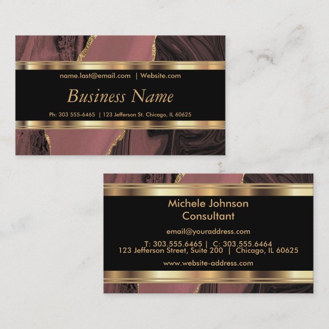 Elegante Rose Gold Marmor und Gold Visitenkarte (Vorne/Hinten)